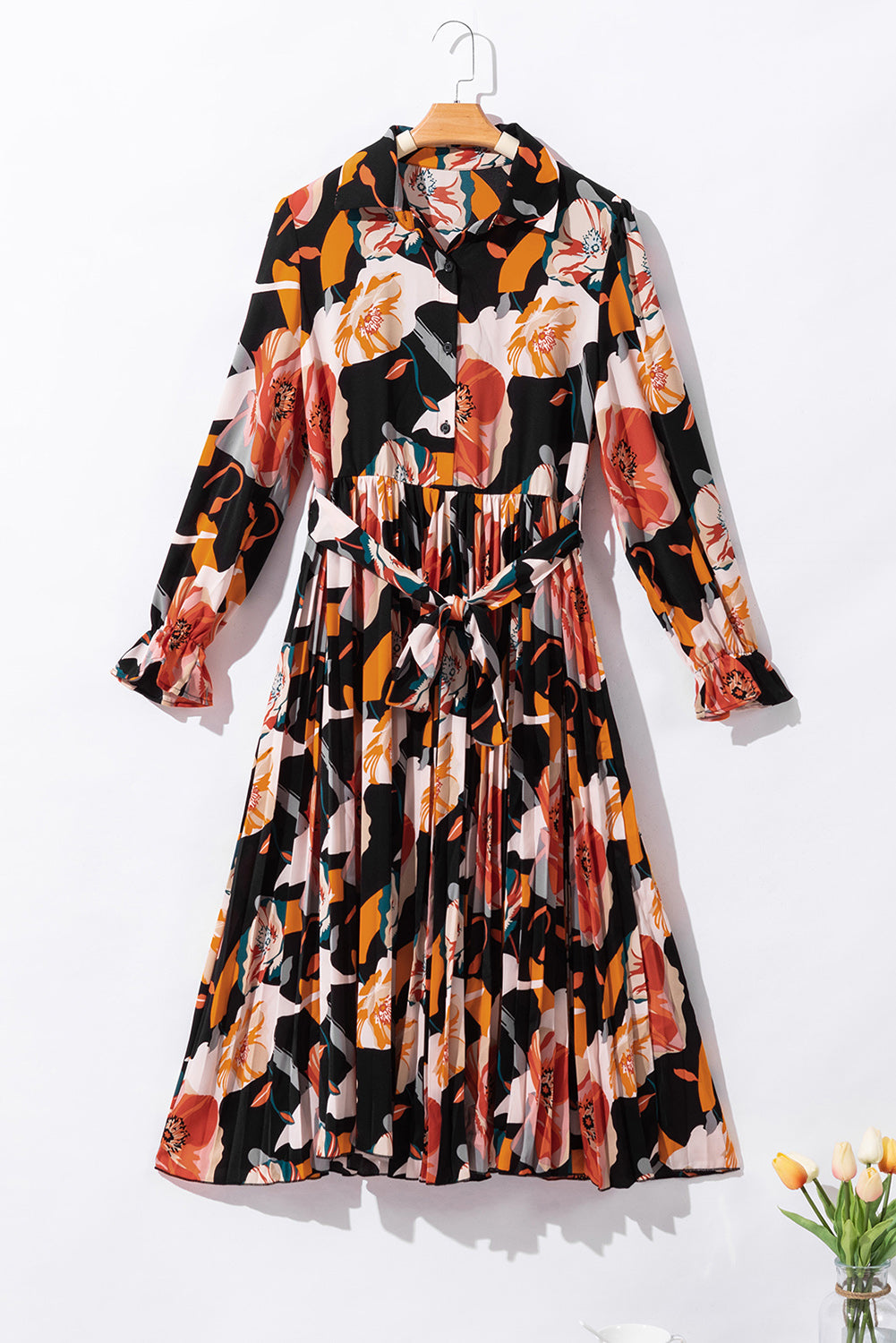 Floral Print Waist Tie Pleated Midi Shirt Dress