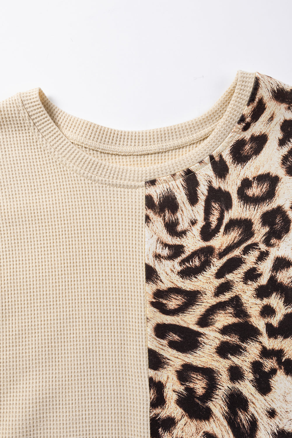 Casual Waffle Knit Leopard Contrast Long Sleeve Top