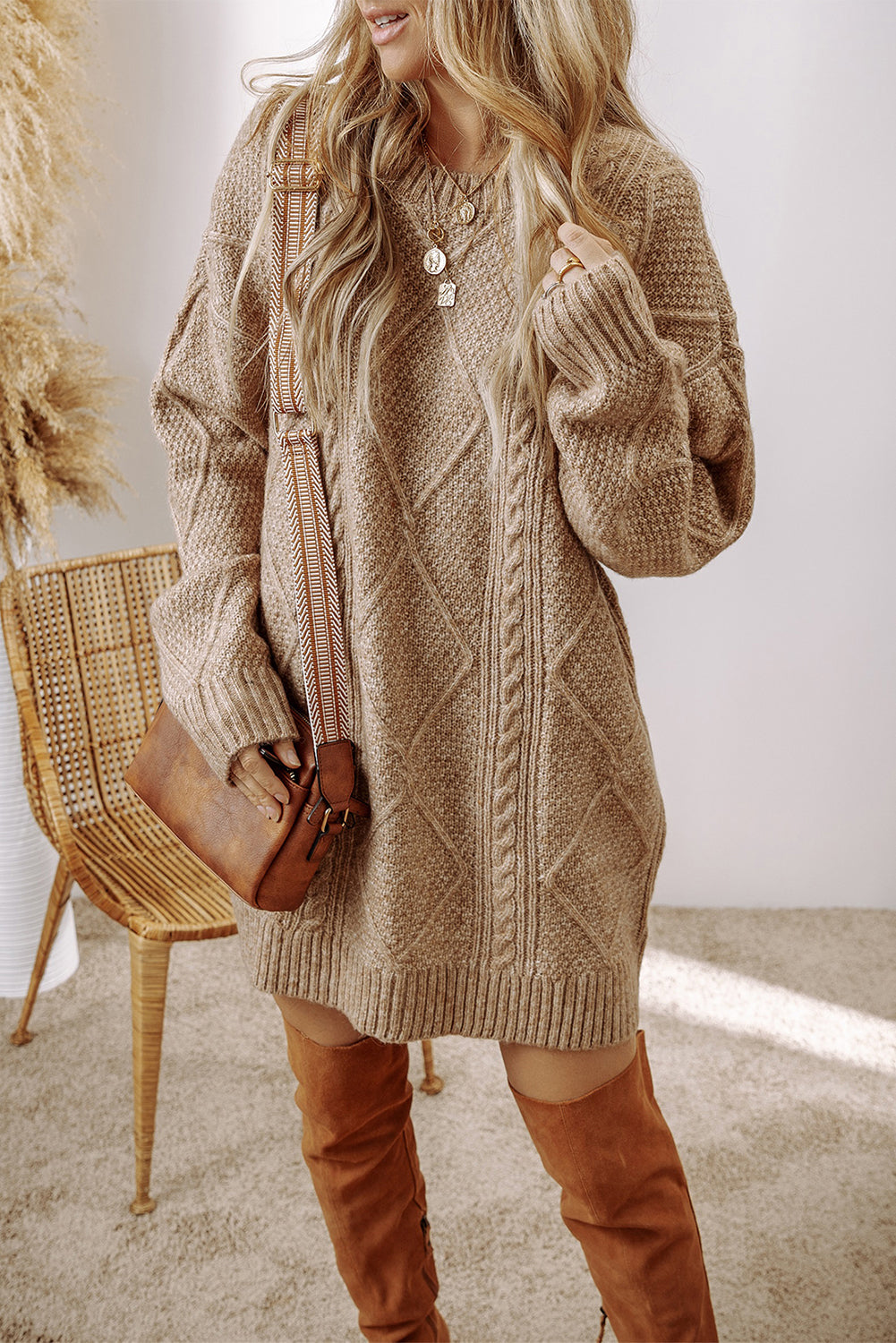 Twist Cable Knit Drop Shoulder Loose Fit Sweater Dress