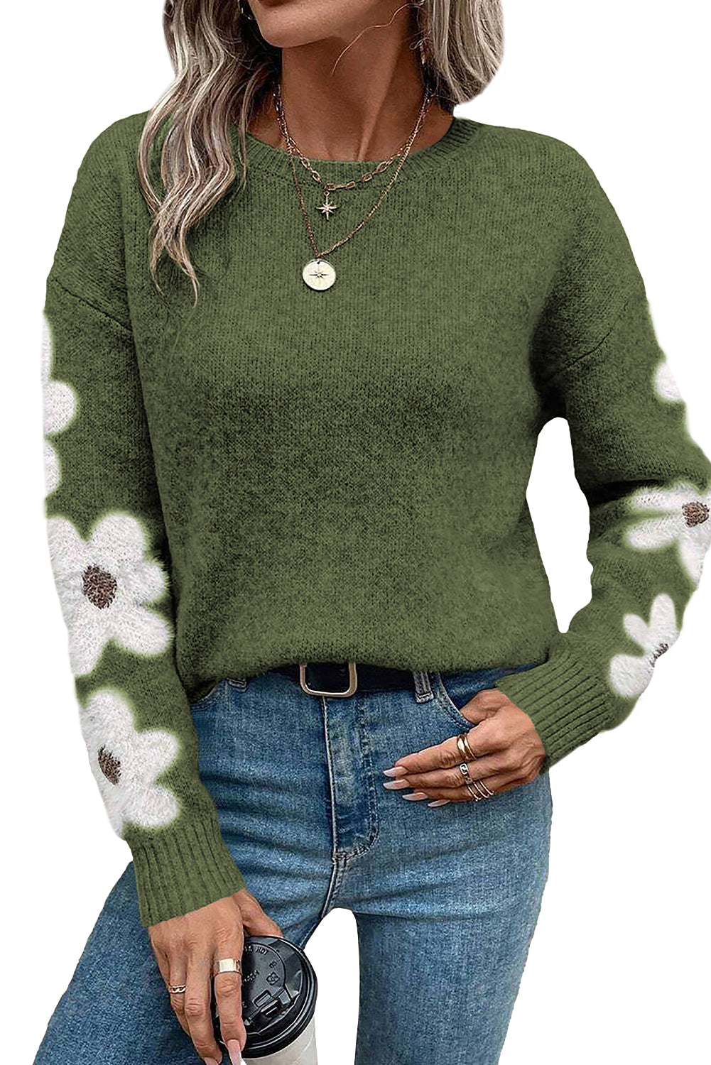 Flower Sleeve Drop Shoulder Sweater