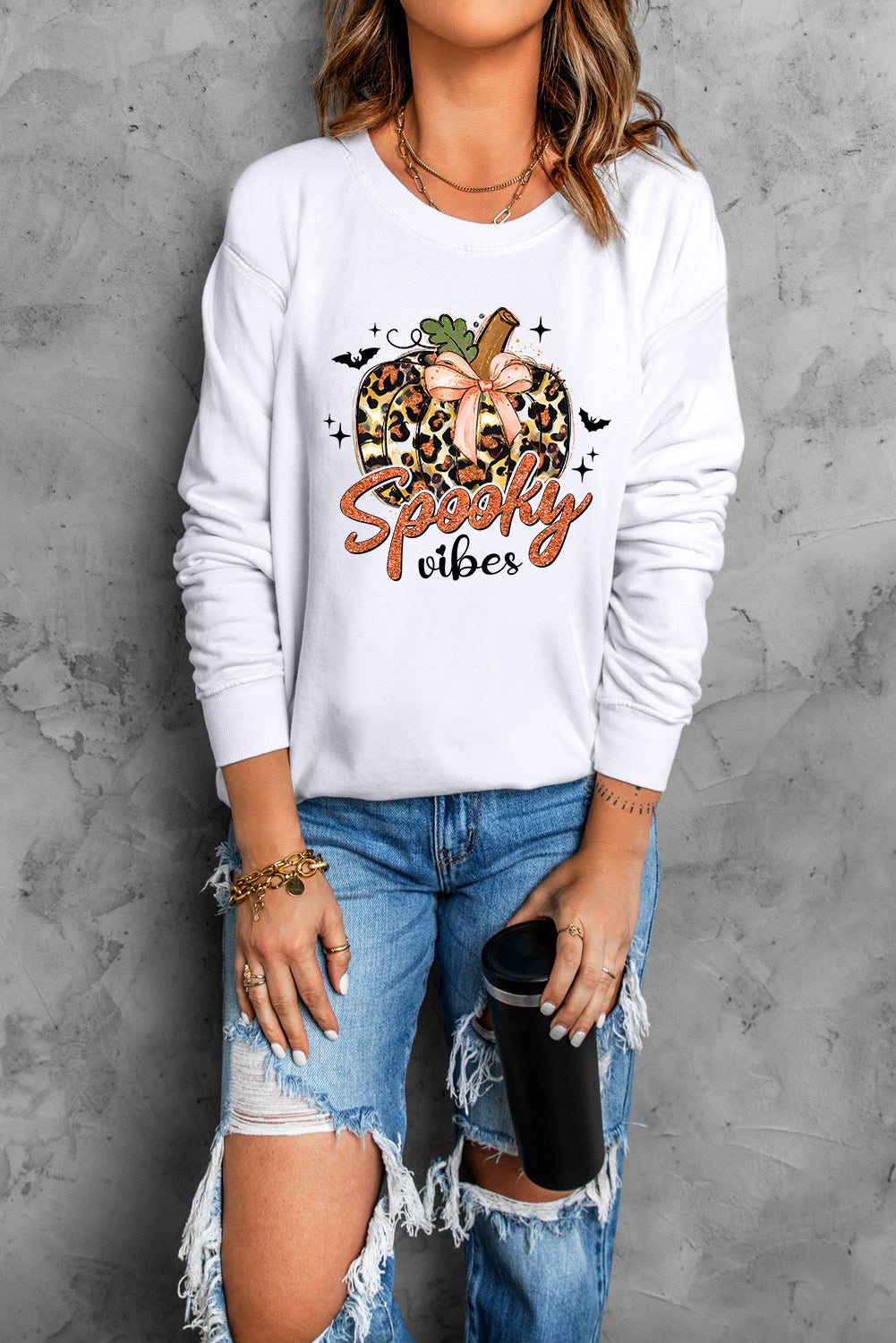 Beige Spooky Leopard Pumpkin Print Crew Neck Graphic Sweatshirt