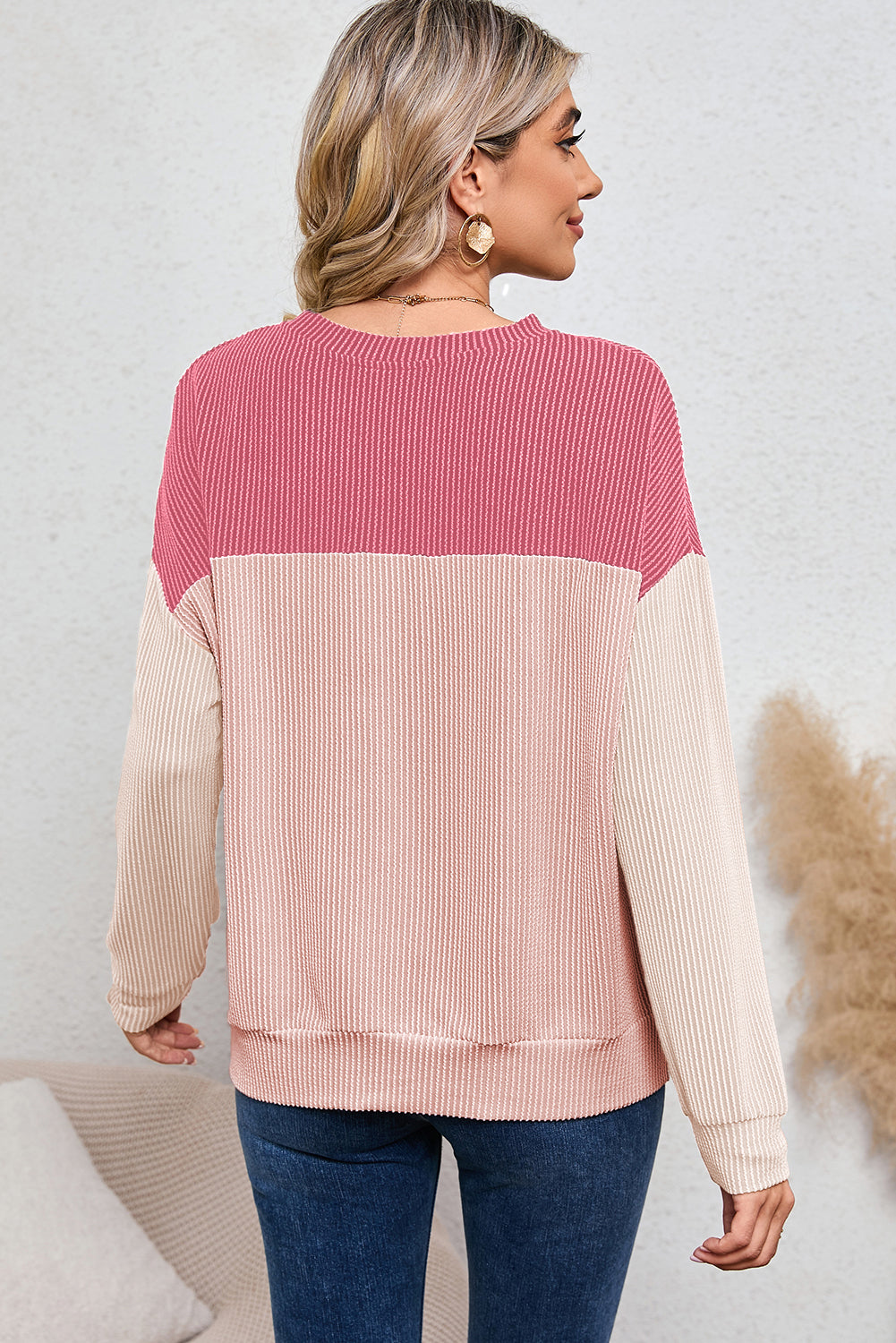 Ribbed Color Block Long Sleeve Top