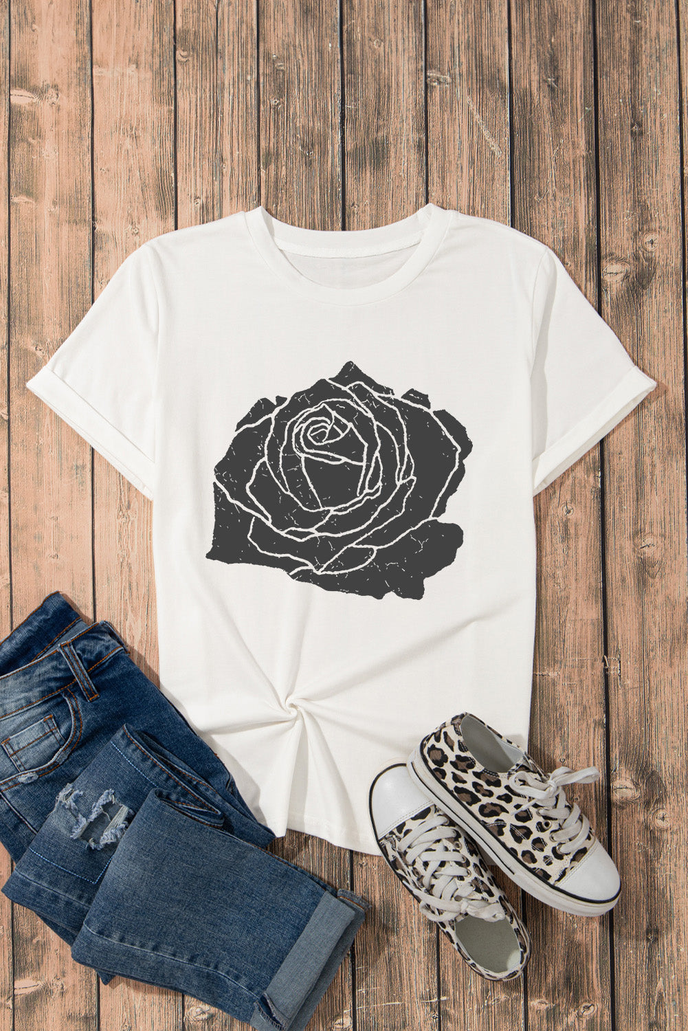 Large Rose Graphic Crew Neck T Shirt