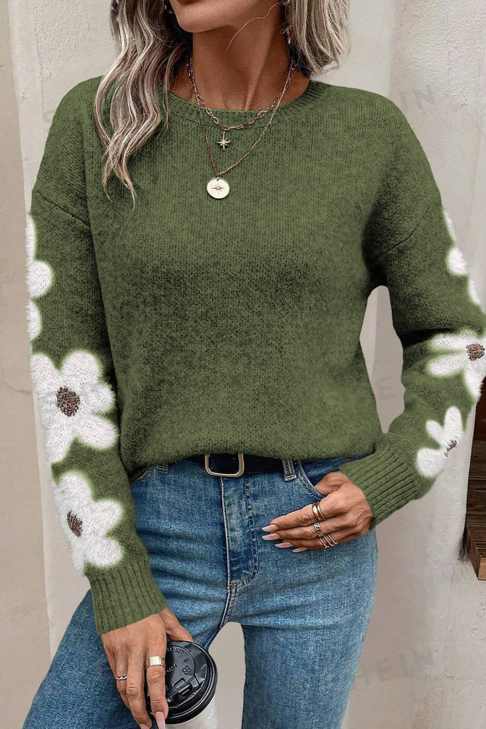 Flower Sleeve Drop Shoulder Sweater