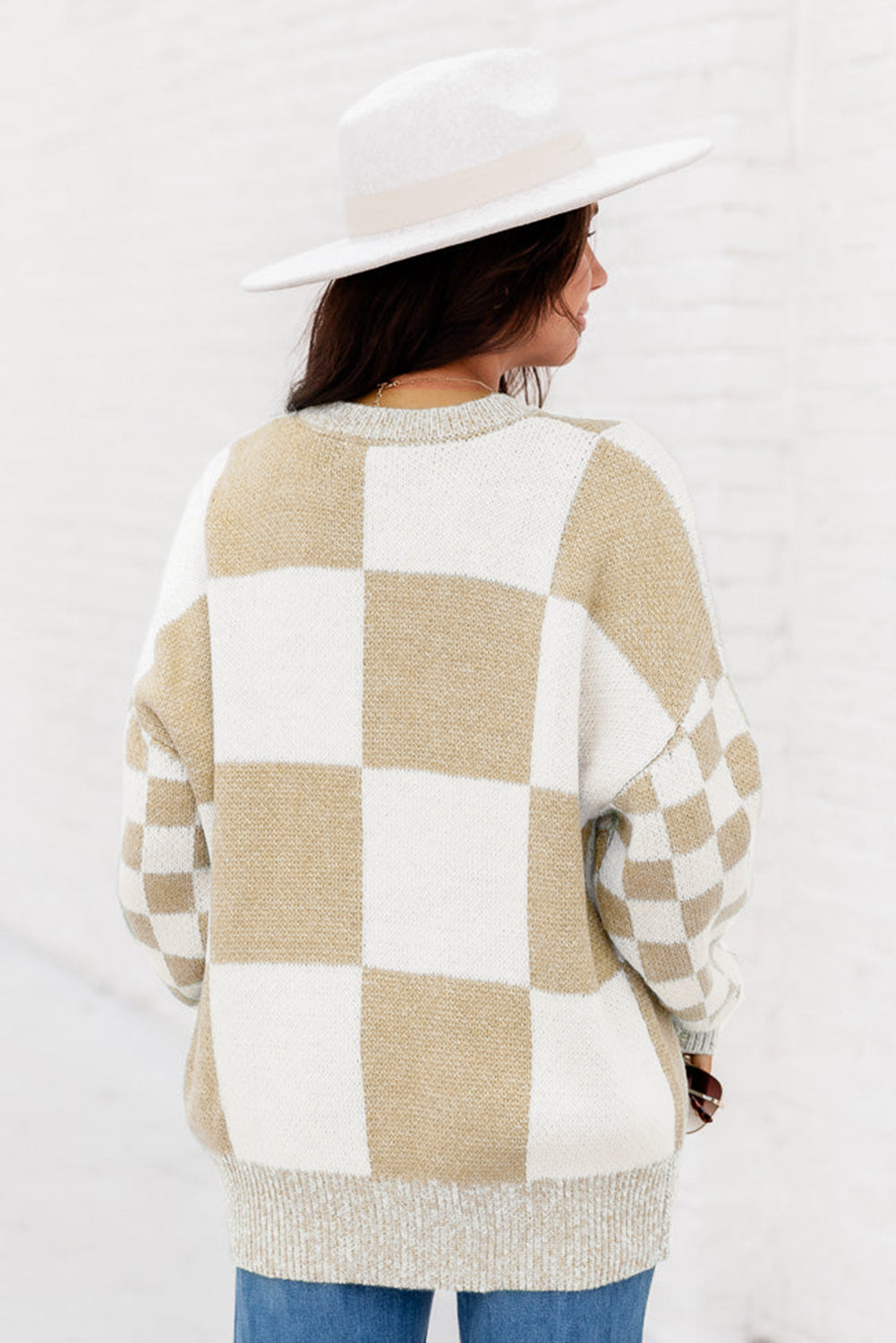 Plaid Knitted Drop Shoulder Sweater