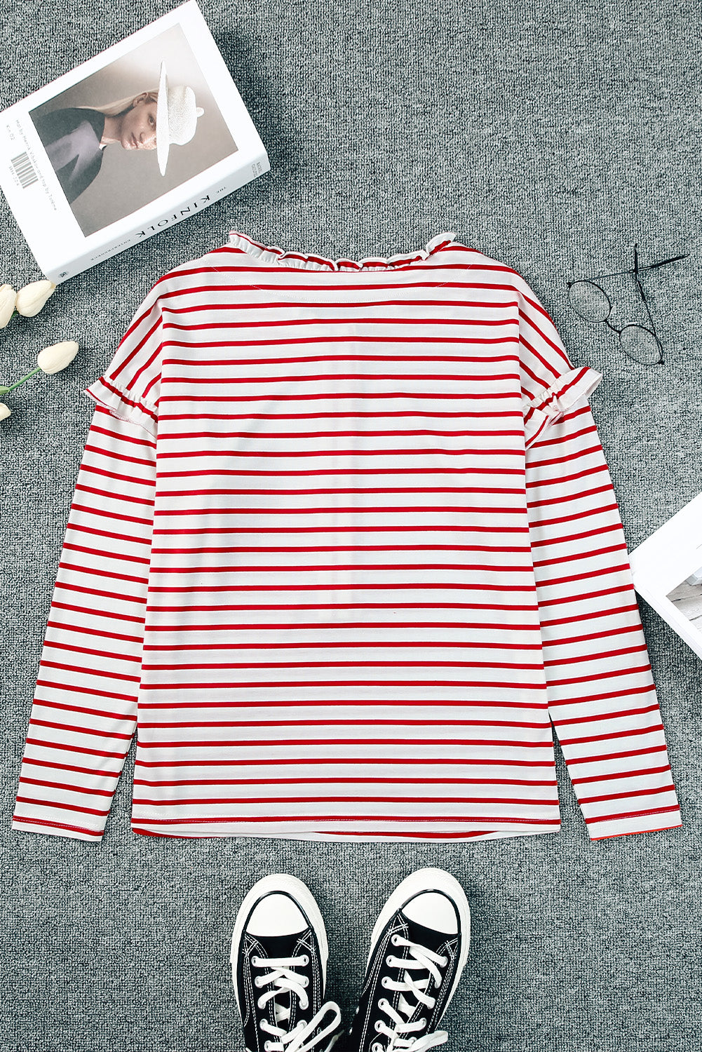 Striped Print Ruffled Buttoned Long Sleeve Top