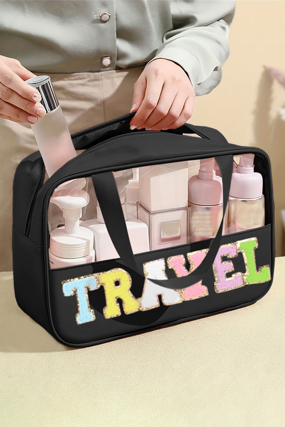 TRAVEL Chenille Letter Clear PVC Makeup Bag