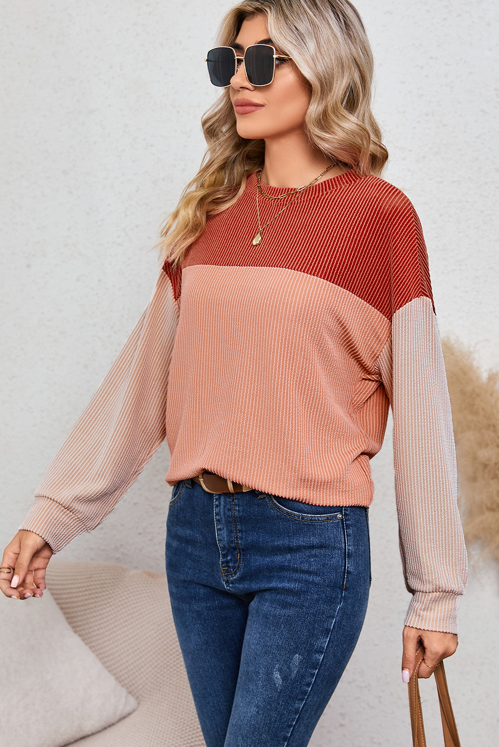 Ribbed Color Block Long Sleeve Top