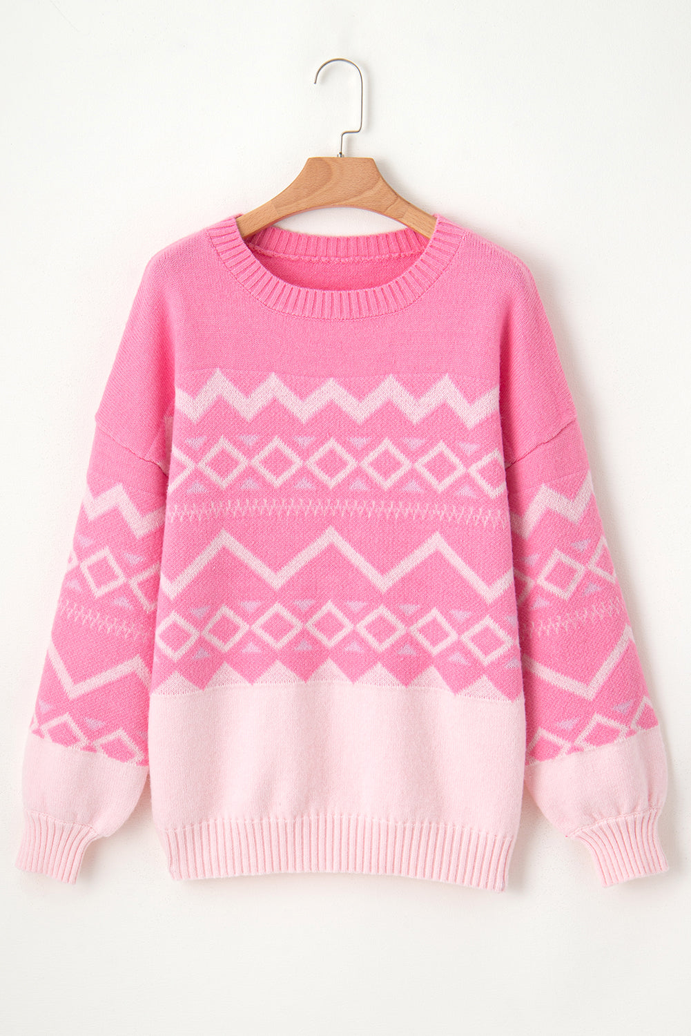 Geometric Pattern Round Neck Drop Shoulder Sweater