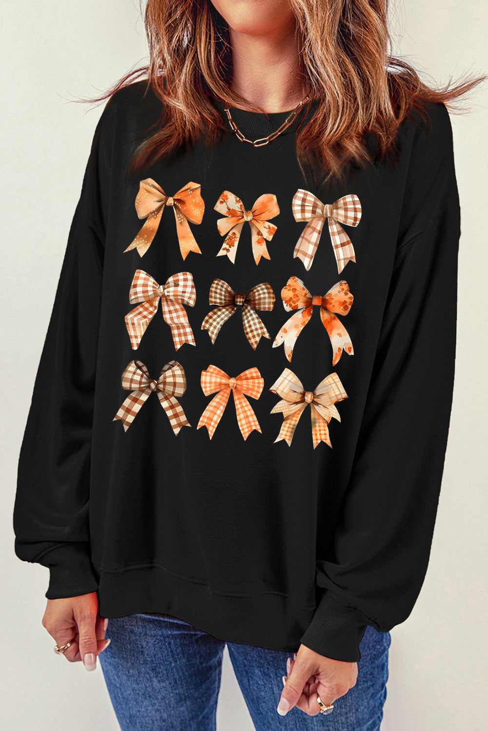 Plaid Bowknot Graphic Round Neck Sweatshirt