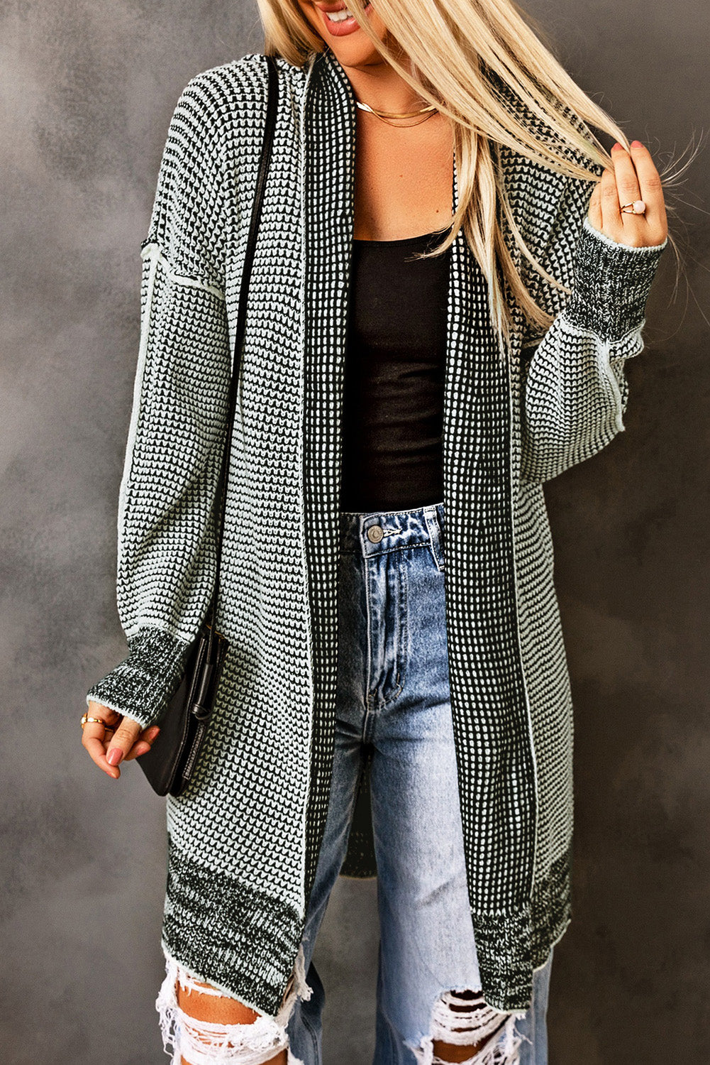 Plaid Casual Contrast Trim Knit Cardigan