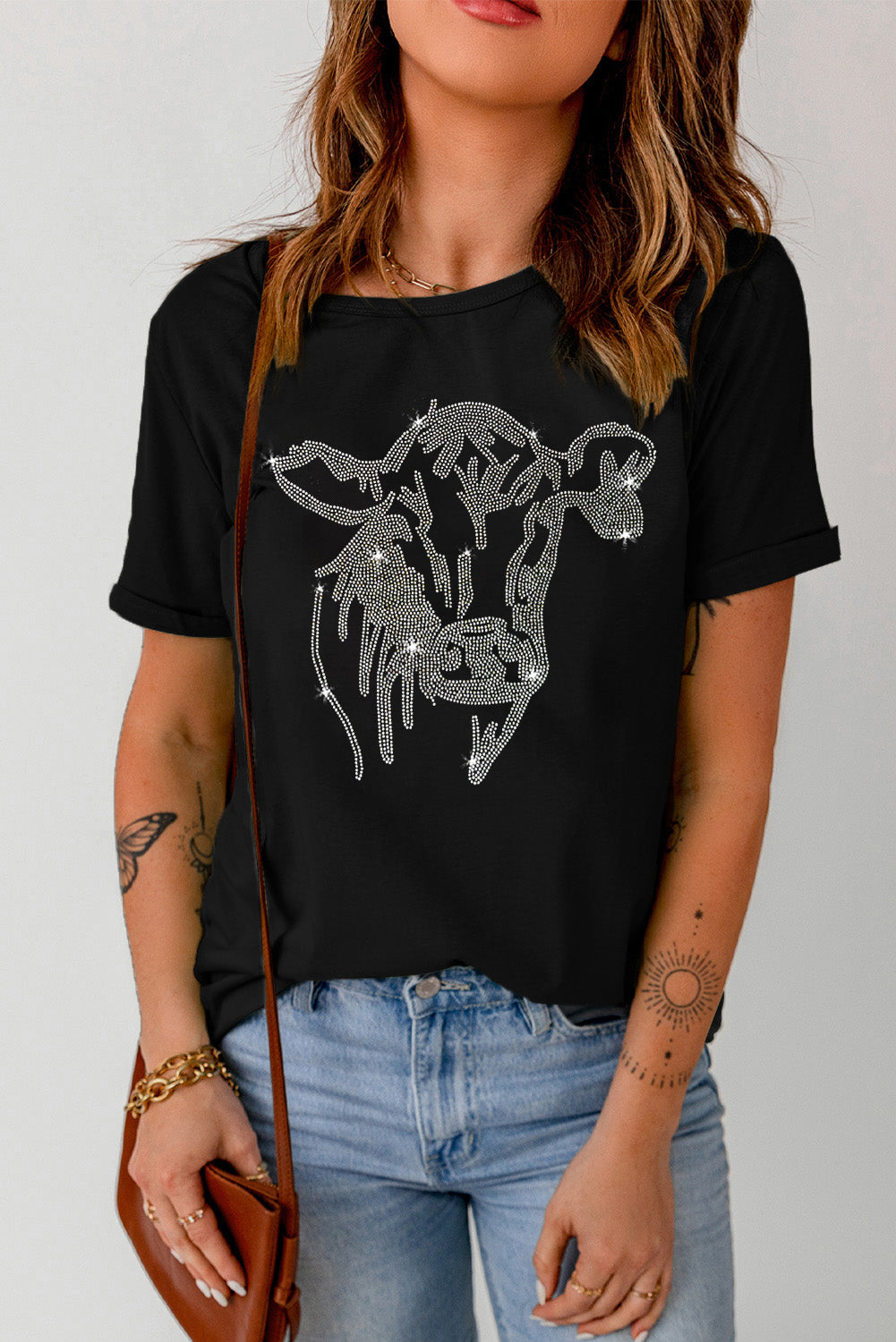 Rhinestone Steer Head Graphic T Shirt