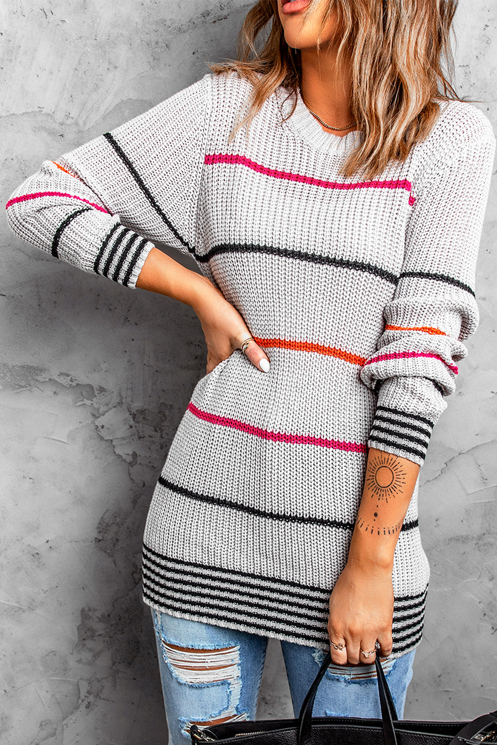 Gray Ribbed Knit Striped Sweater