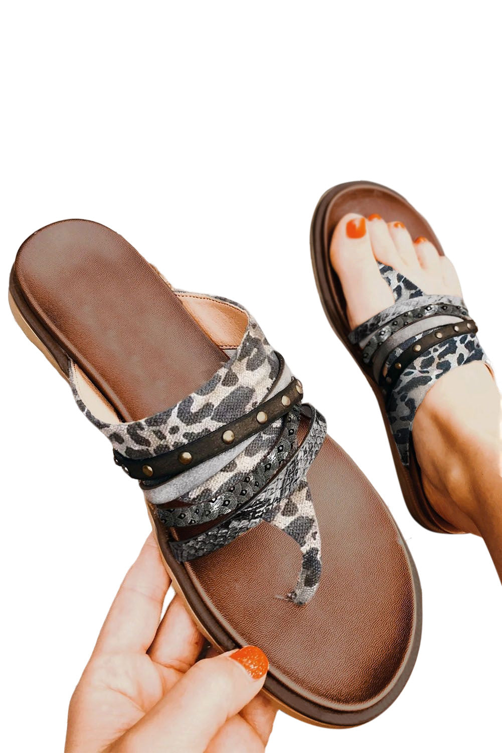 Leopard Studded Animal Print Flip Flop Sandals