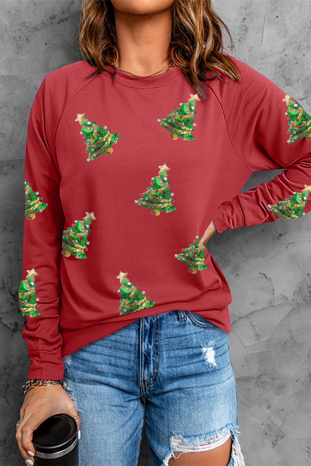 Red Sequined Christmas Tree Raglan Sleeve Graphic Sweatshirt