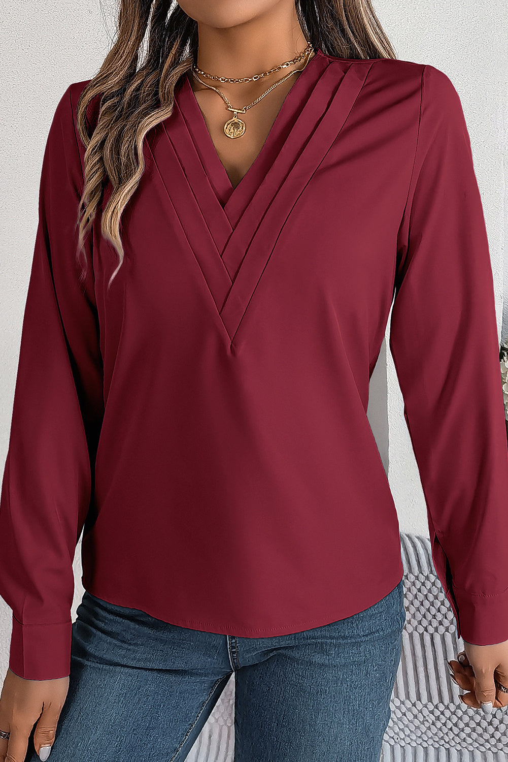 Red Dahlia Elegant V-Neck Pleated Blouse