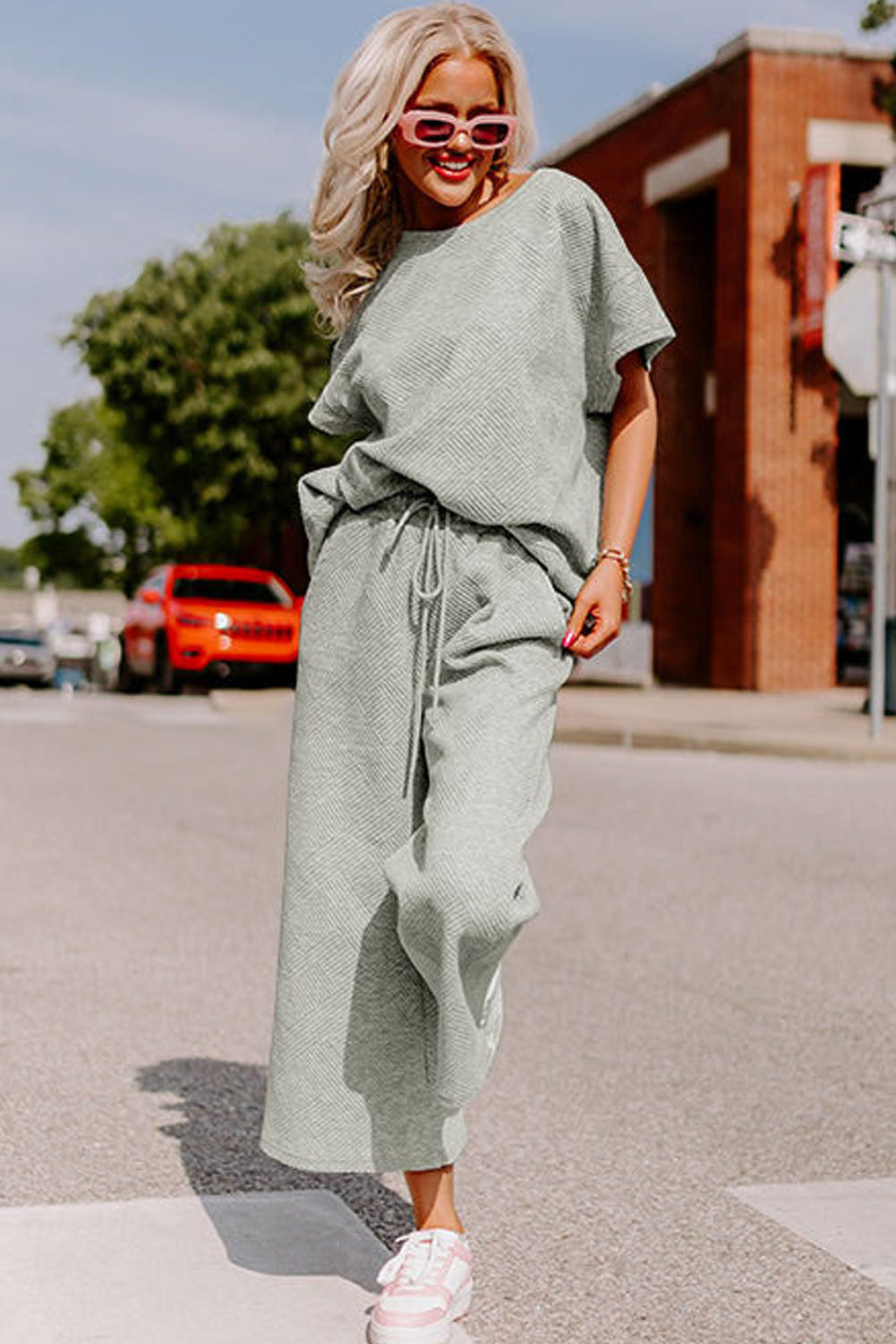 White Textured Long Sleeve Top and Drawstring Shorts Set