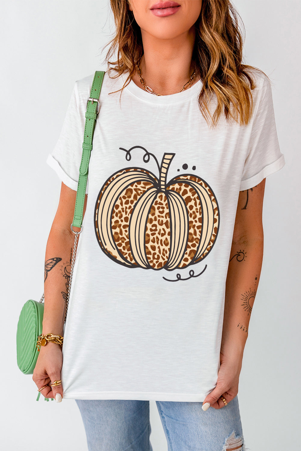 Halloween Leopard Pumpkin Graphic Crewneck T Shirt