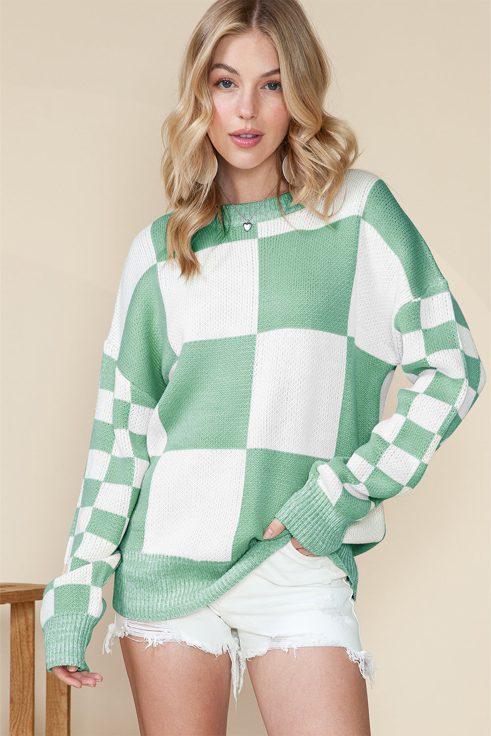 Plaid Knitted Drop Shoulder Sweater