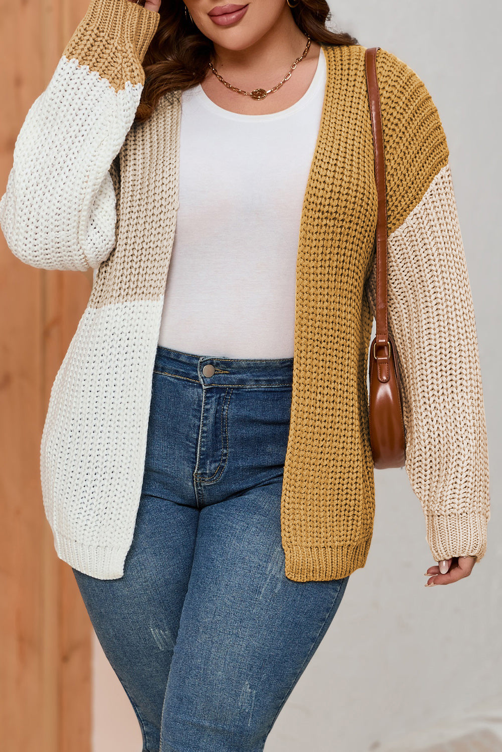 White Color Block Knitted Open Front Plus Size Cardigan
