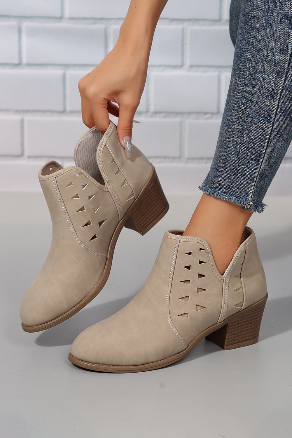 Cut Out Suede Pointed Toe Heeled Ankle Boots