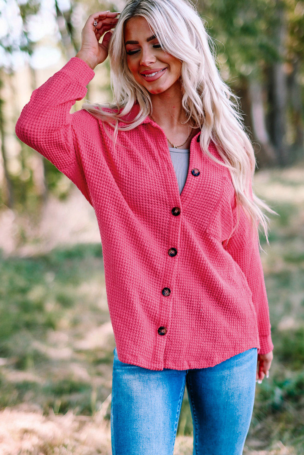 Plus Size Chest Pocket Waffle Knit Shirt