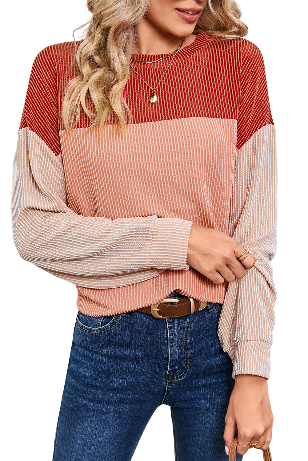 Ribbed Color Block Long Sleeve Top