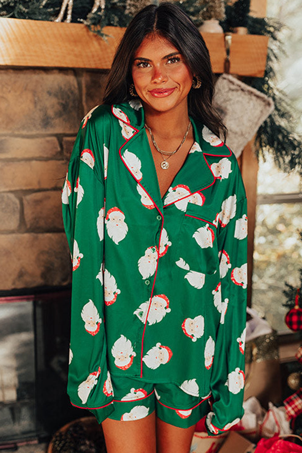 Green Christmas Santa Claus Satin Shirt and Shorts Pajama Set