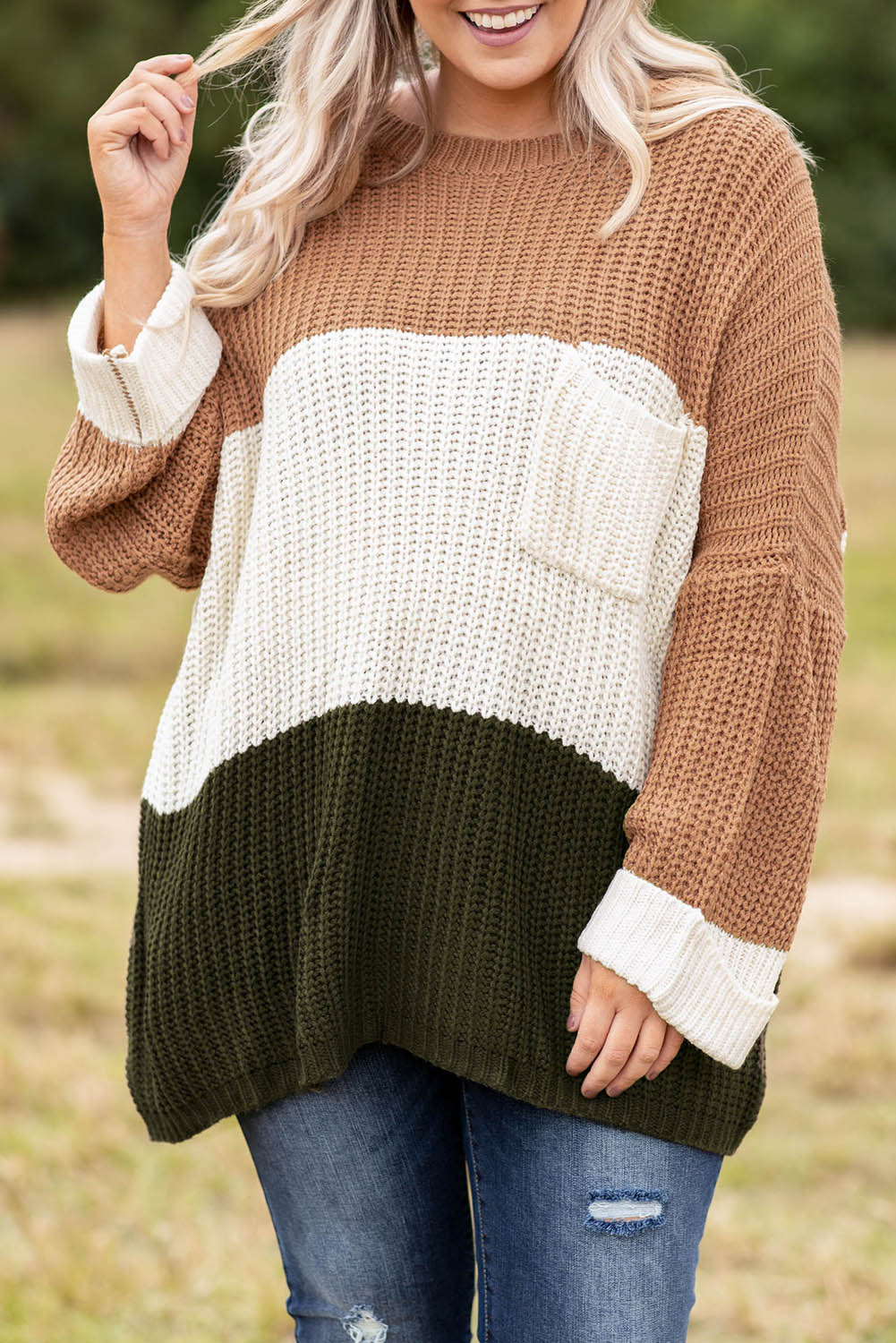 Khaki Color Block Tiered Knit Plus Size Sweater