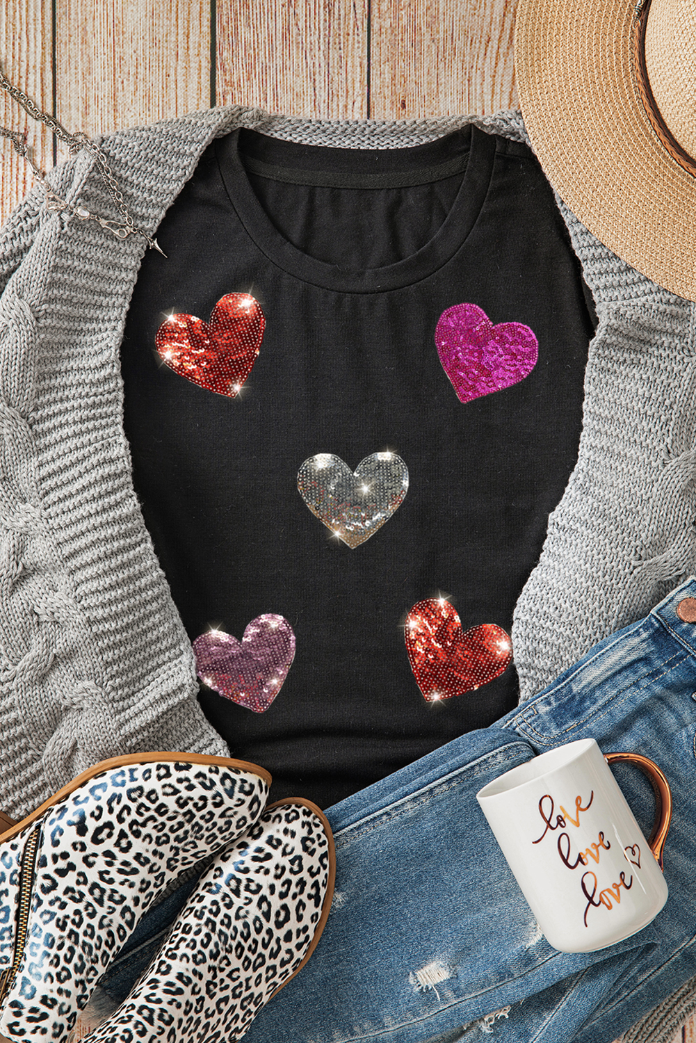 Black Sequin Heart Pattern Crewneck Valentines Tee