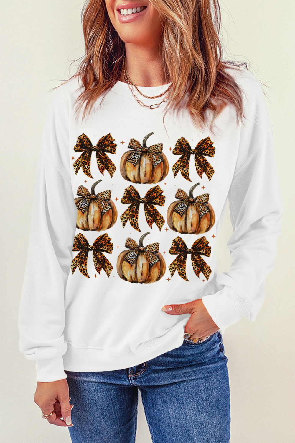 Pumpkin Leopard Bow Knot Graphic Sweatshirt