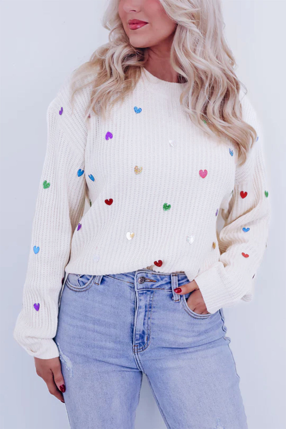 Sequin Heart Pattern Round Neck Knit Sweater