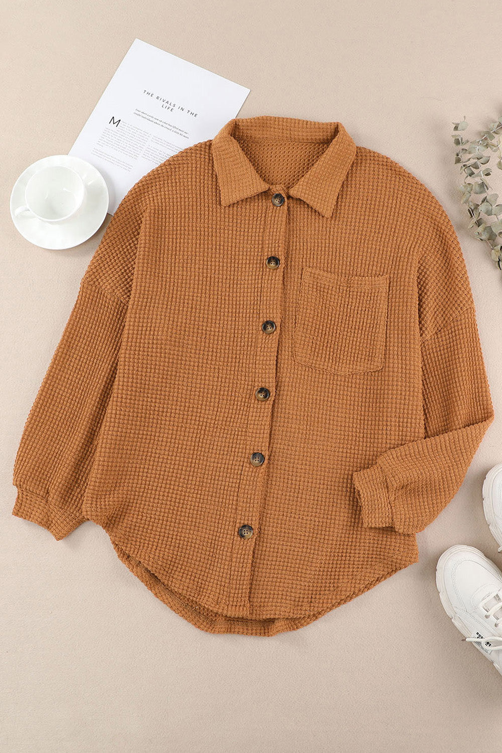 Plus Size Chest Pocket Waffle Knit Shirt