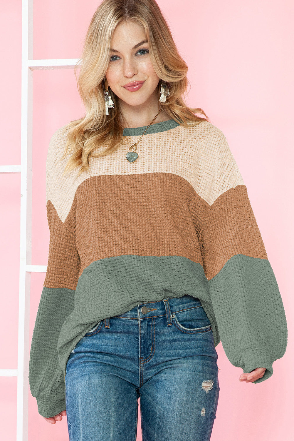 Waffle Knit Color Block Drop Sleeve Loose Top