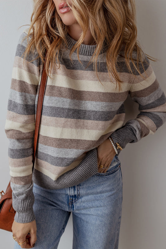 Striped Ribbed Edge Round Neck Sweater