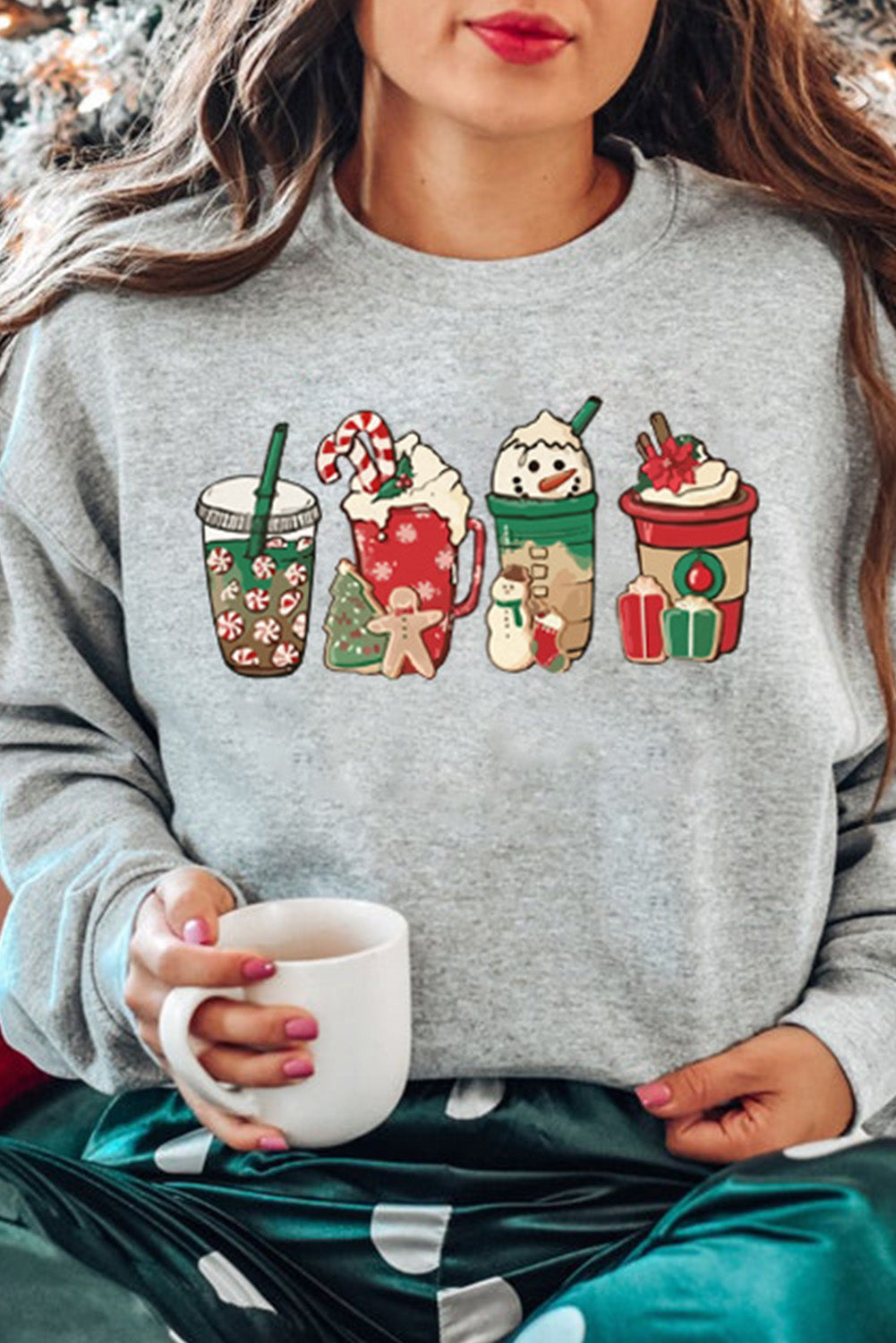 Gray Sweet Christmas Drinks Graphic Sweatshirt