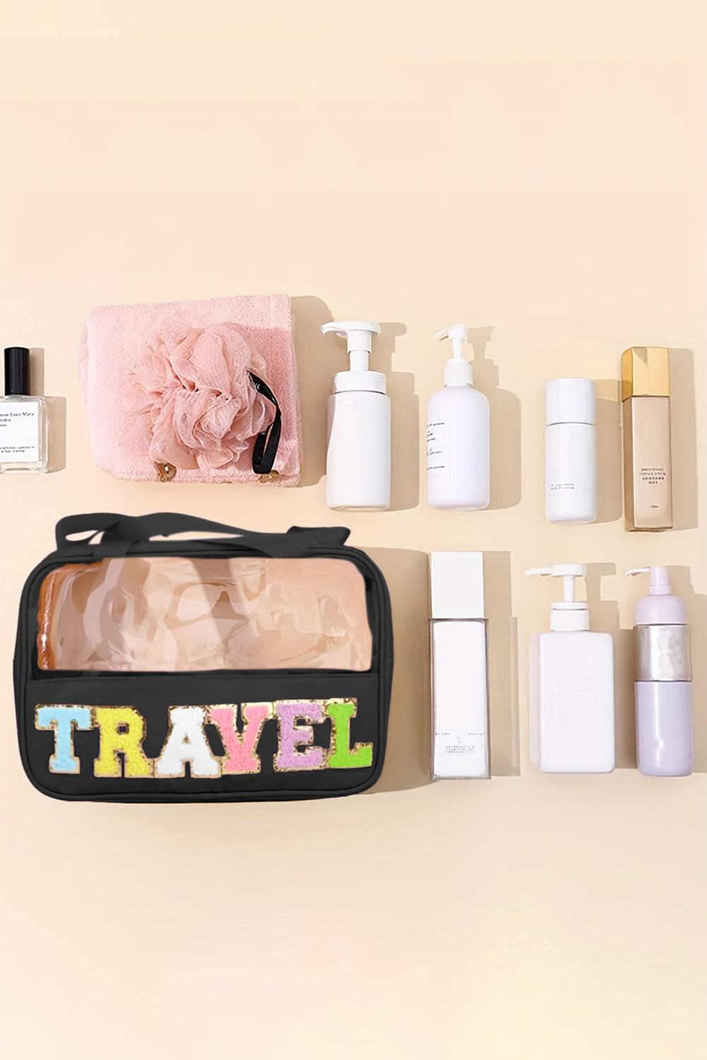 TRAVEL Chenille Letter Clear PVC Makeup Bag