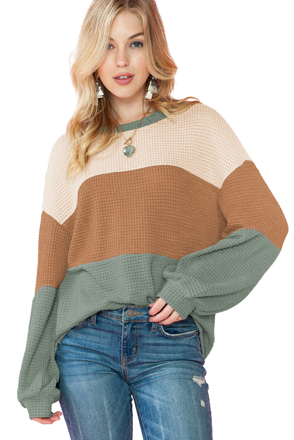 Waffle Knit Color Block Drop Sleeve Loose Top