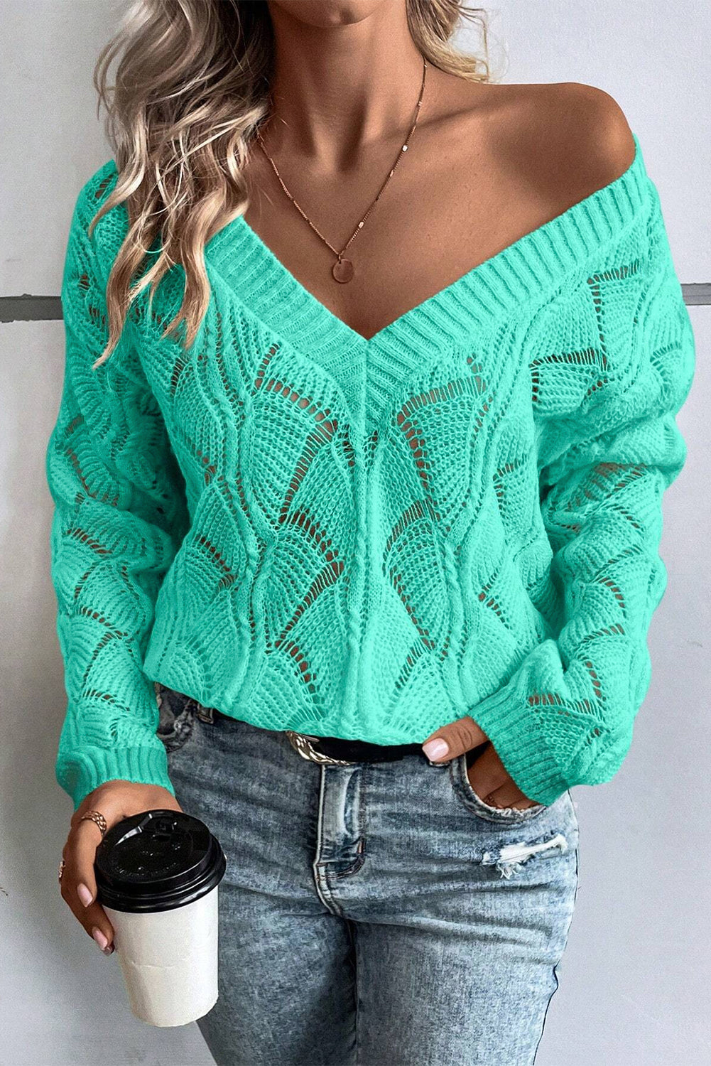 Knit Hollow Out V Neck Drop Shoulder Sweater