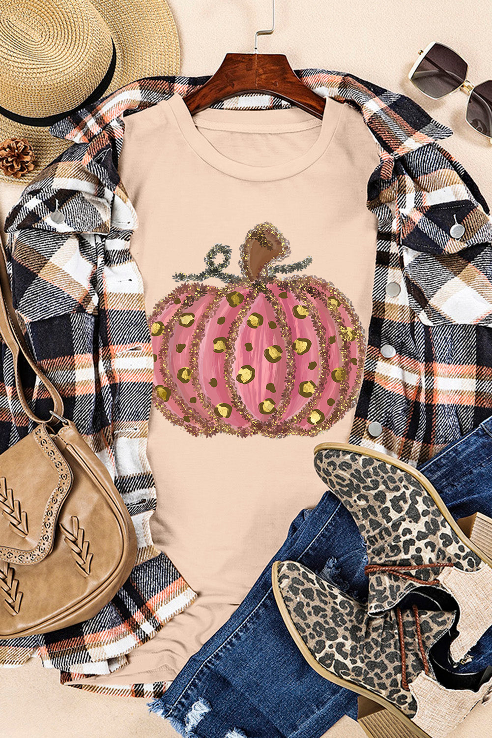 Leopard Pumpkin Graphic Round Neck T Shirt