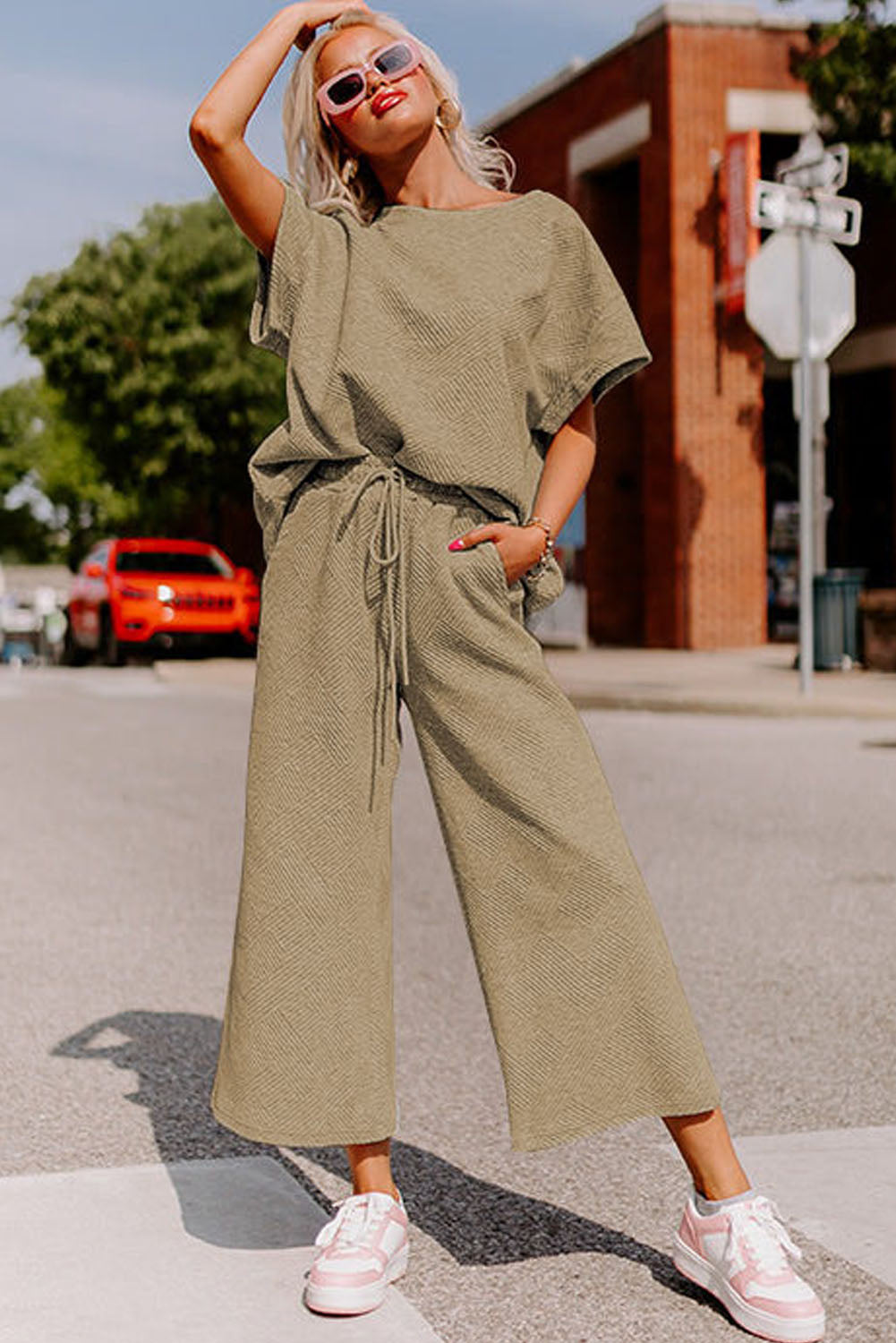 White Textured Long Sleeve Top and Drawstring Shorts Set