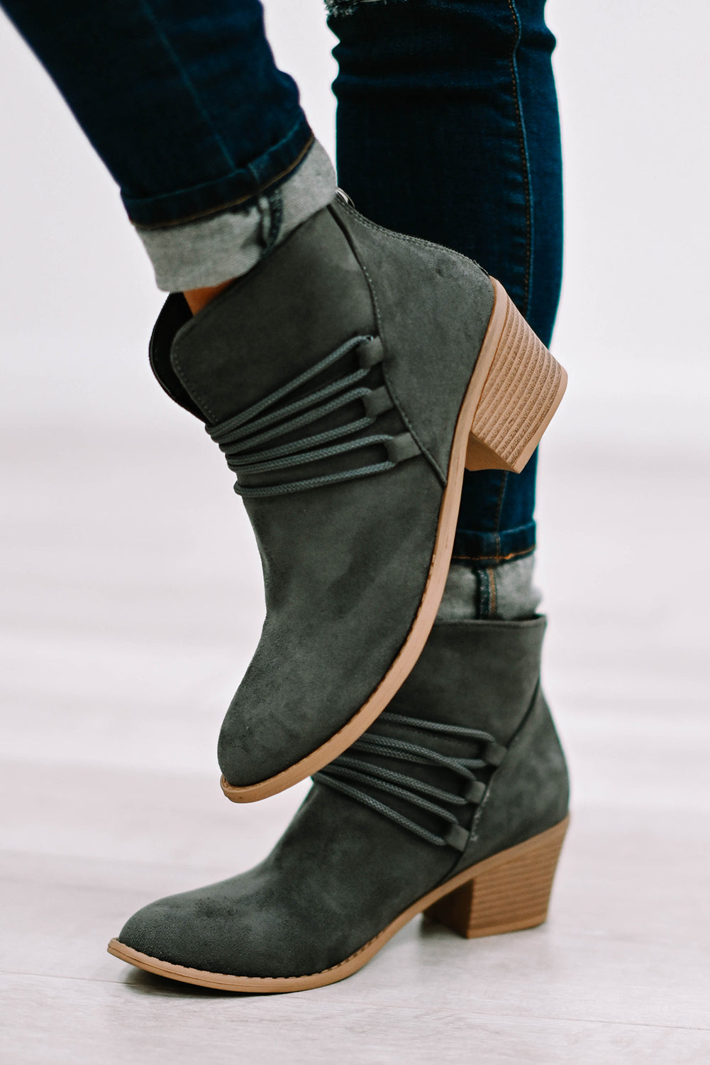 Dark Green Criss Cross Slip-on Point Toe Heeled Boots