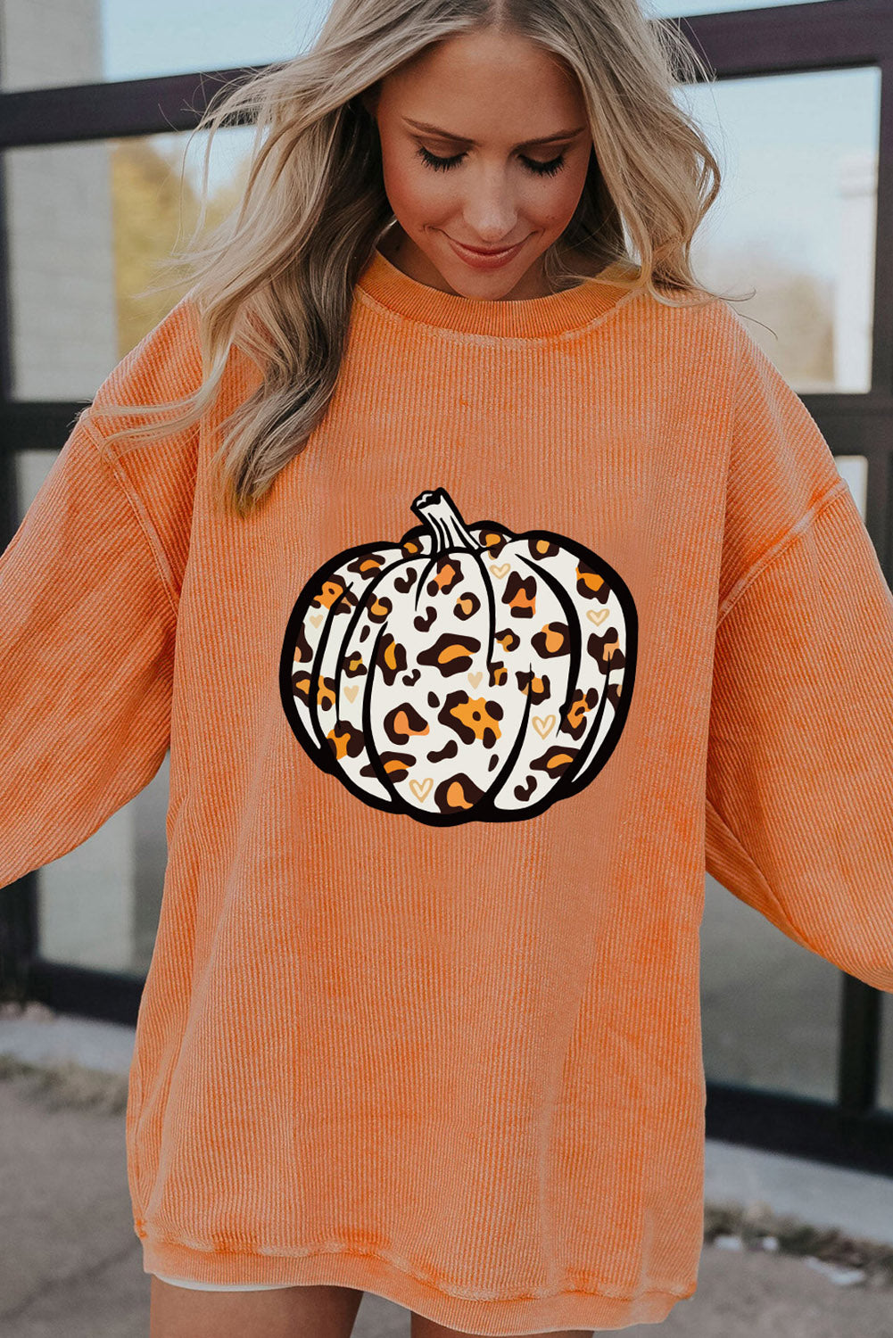 Leopard Pumpkin Graphic Corded Sweatshirt