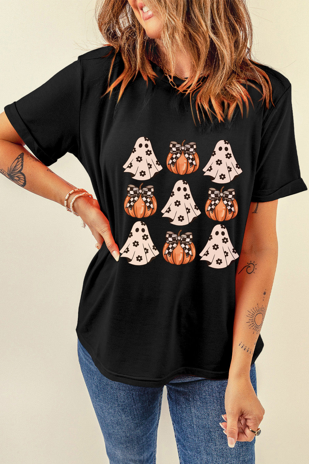 Halloween Ghost Pumpkin Graphic Crew Neck T Shirt